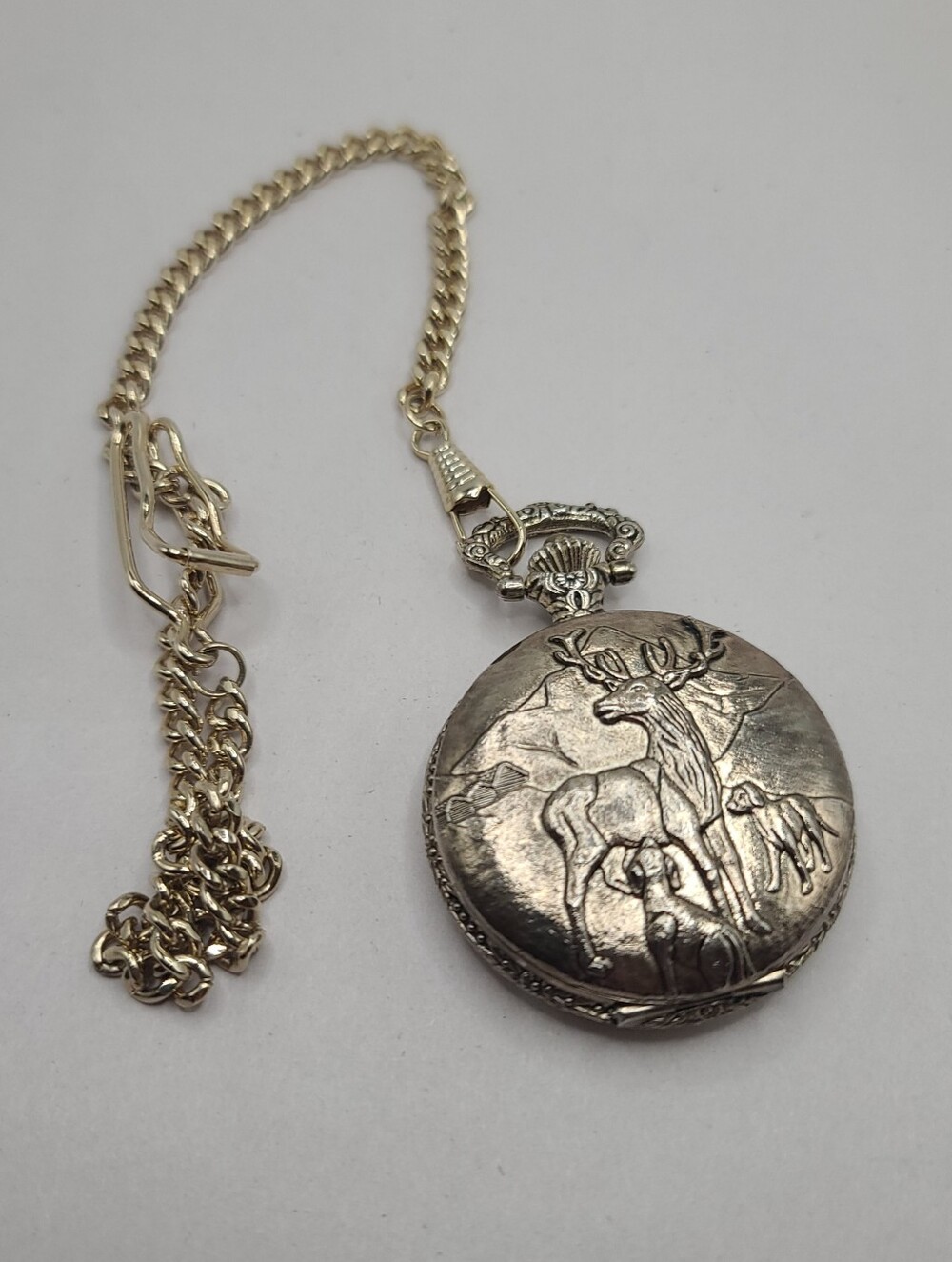 Vintage Quartex Antimagnetic Wind Up Pocket Watch Hunter Deer Dogs